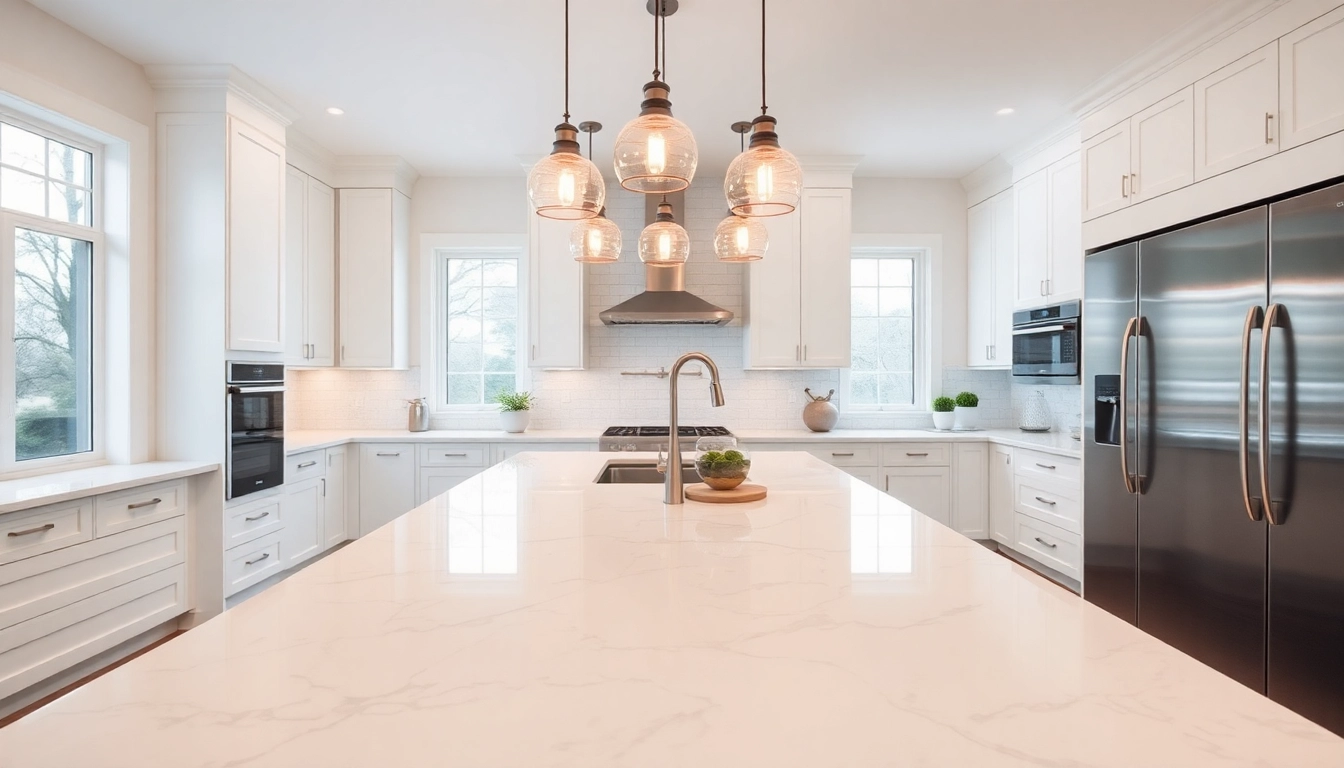 Bright, inviting kitchen with stylish island lighting illuminating a modern island.