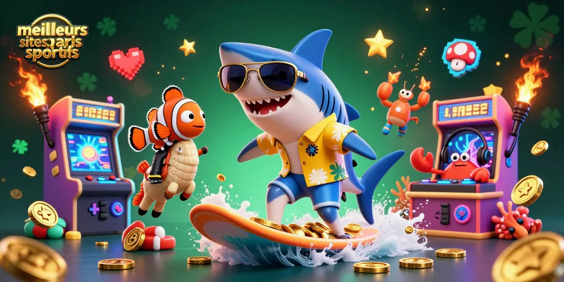 Pariez sur les meilleurs sites paris sportifs avec un requin stylé sur un océan de pièces d'or.