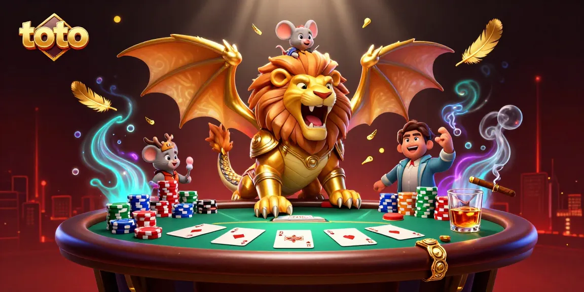 Experience thrilling toto poker action with a courageous chimera creature and mouse jockey in this vibrant 3D illustration.