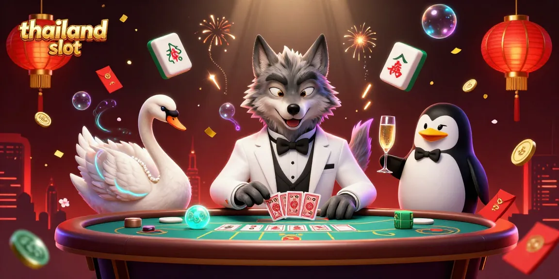Win big with thailand slot in a vibrant scene featuring a wolf, swan, and penguin at a baccarat table.