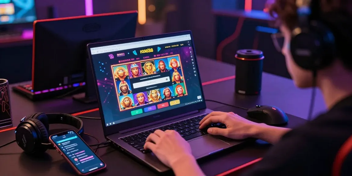 Engaged gamer at rokok88 slot login interface on laptop, energetic gaming atmosphere