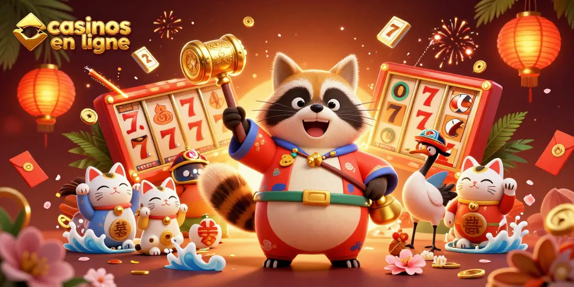 Profitez des casinos en ligne avec des personnages de tanuki et de chats porte-bonheur dans une illustration colorée et festive.