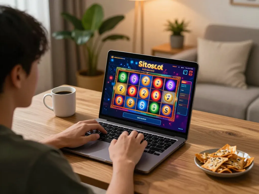Engaging online gaming scene showcasing situs slot thailand player enjoying colorful slot reels at home.