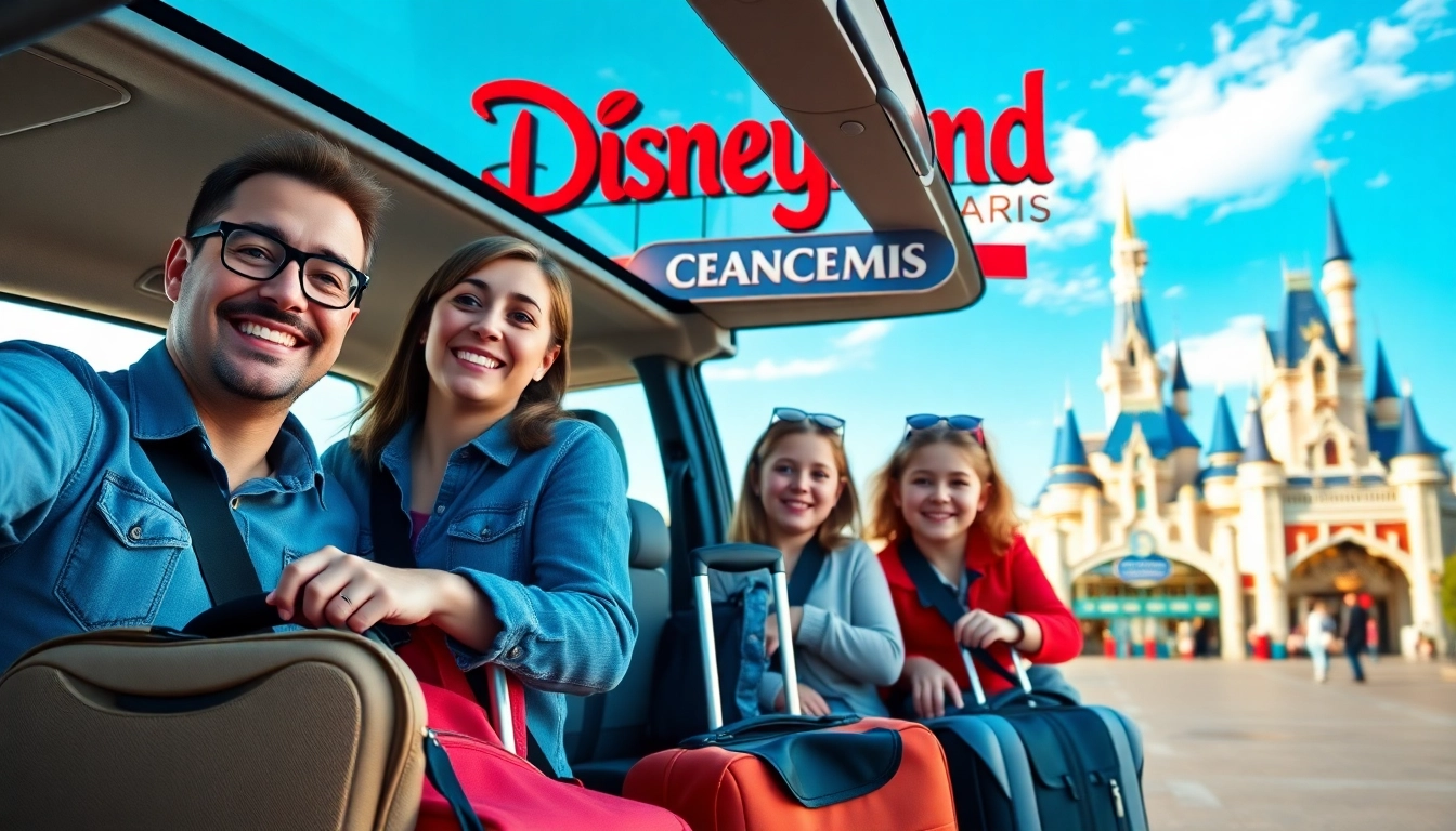 Family enjoying a Beauvais Airport to Disney Transfer, capturing excitement and joy.