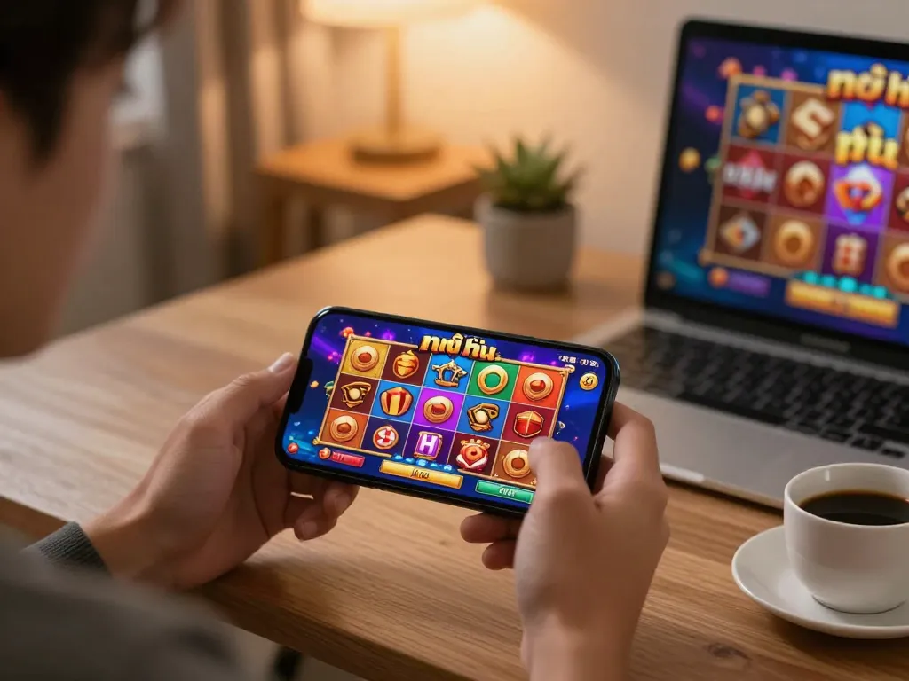 Playing nổ hũ on smartphone in cozy home setting with vibrant game graphics