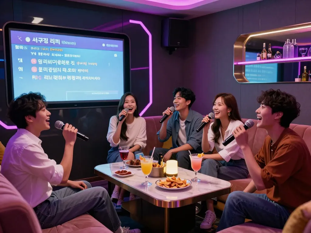 서구청 쓰리노에서 음료를 즐기며 노래를 부르는 행복한 친구들, 3no.org/seo의 활기찬 환경