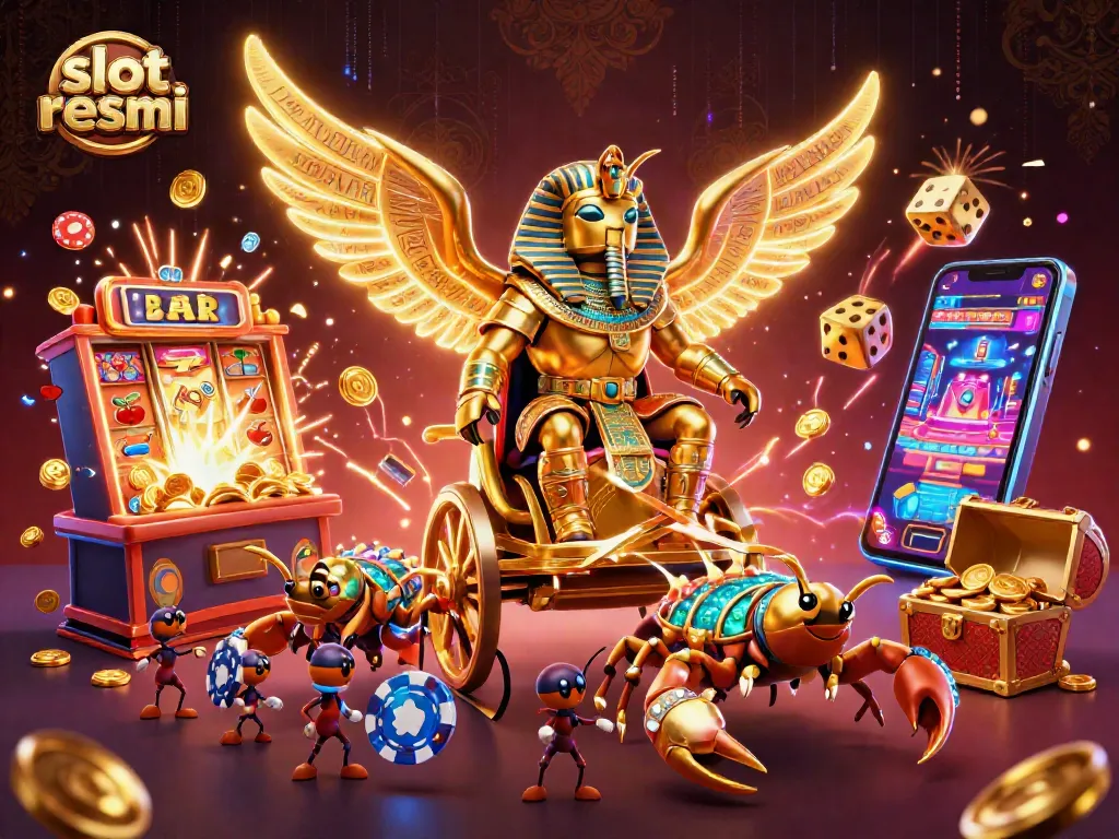 Spin the slot resmi with a golden beetle hero and vibrant casino elements in a captivating scene.