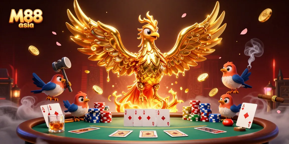 Experience top-tier gaming action with M88 asia's vibrant casino scene featuring a golden phoenix.