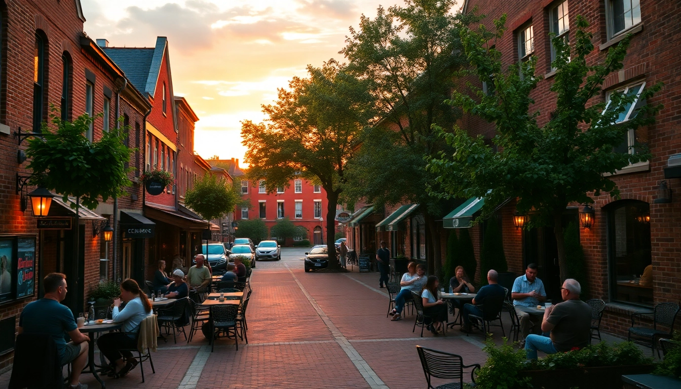 Experience the charm of Clarksburg's historic town square filled with outdoor cafes and vibrant sunset colors.