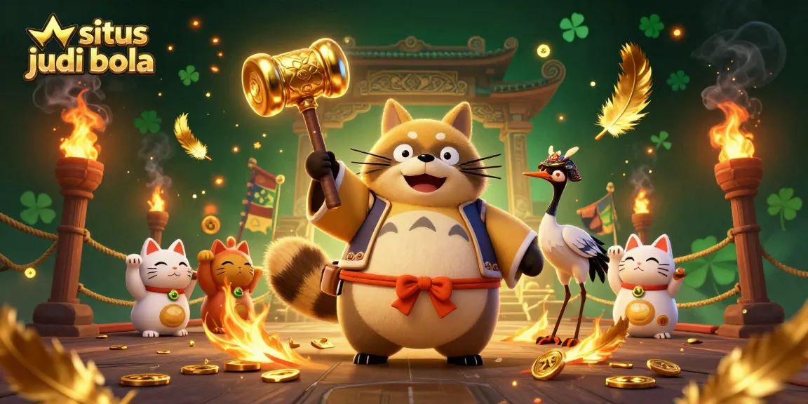 Engaging scene showcasing situs judi bola with a festive tanuki, samurai crane, and waving fortune cats.