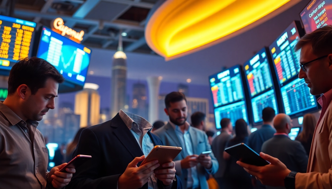 Engaged bettors exploring sports betting sites California on their devices amid iconic landmarks.