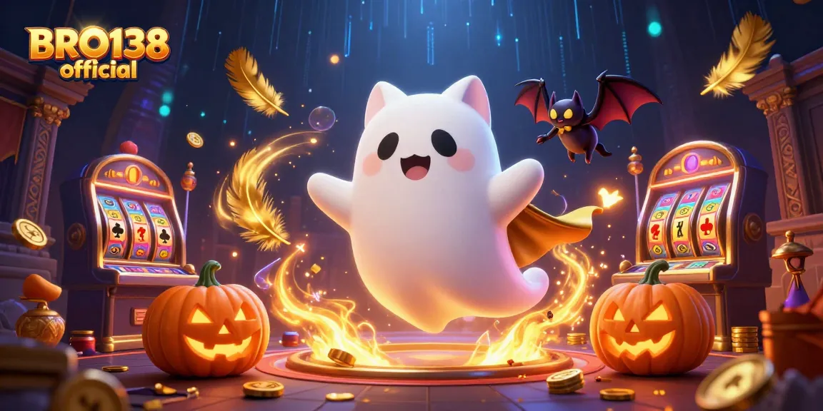 Experience the thrill of BRO138 official with a friendly ghost cat in a haunted casino setting.