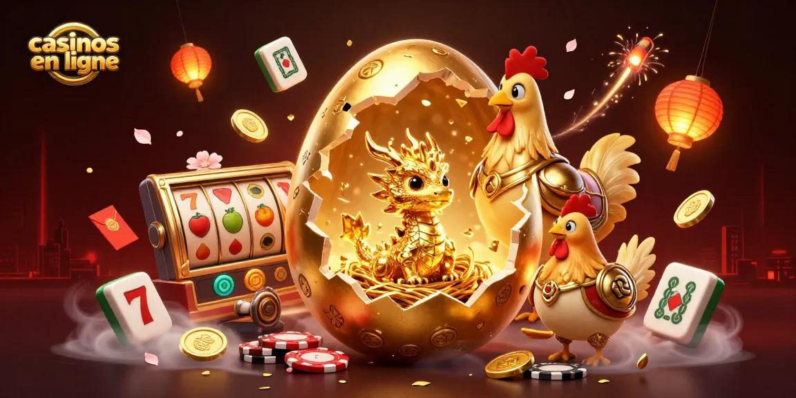 Visuel captivant des casinos en ligne avec un dragon doré émergeant d'un œuf, entouré d'éléments de jeux riches.