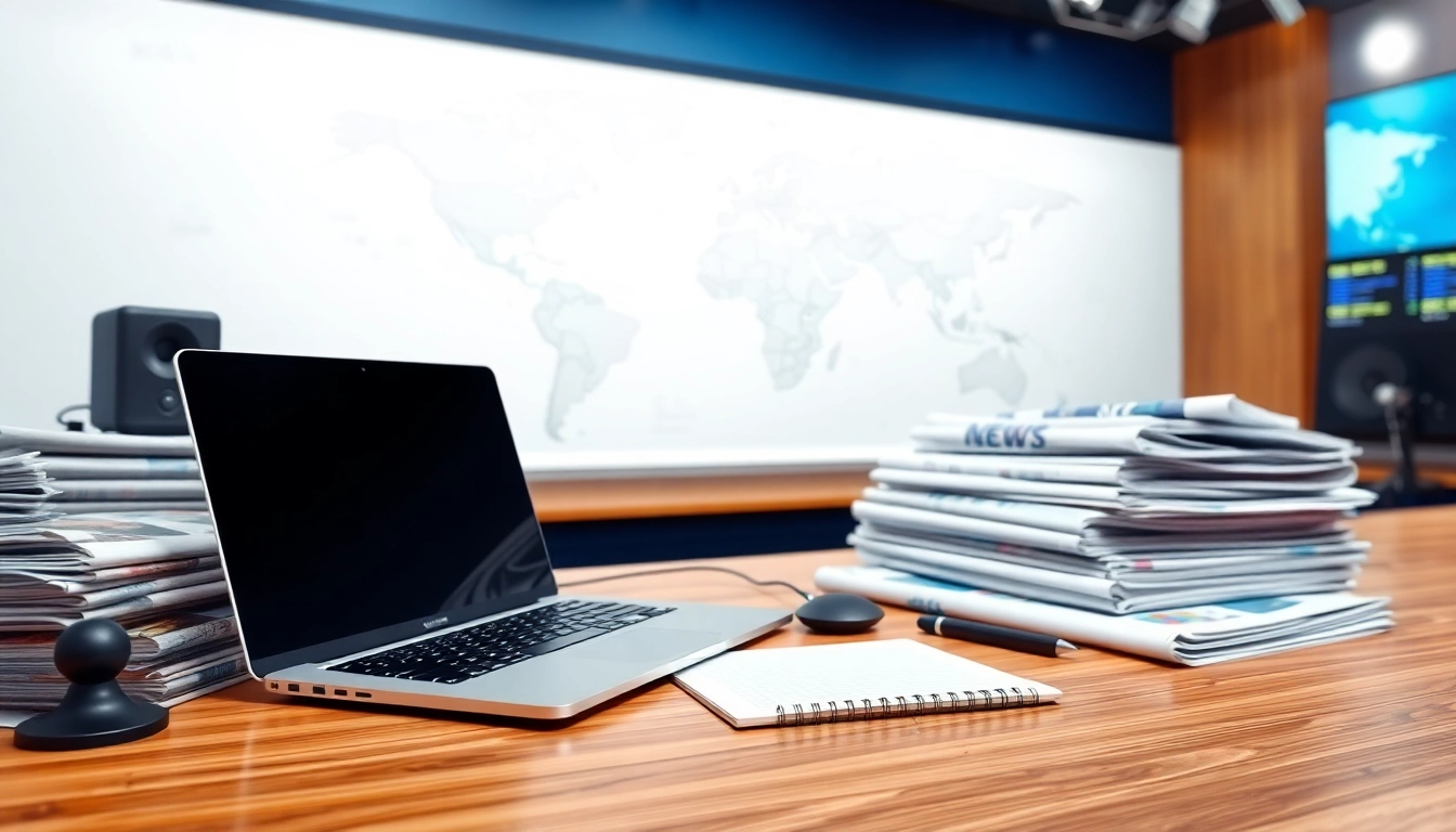 Engaging news desk setup featuring a laptop and newspapers ready for reporting.