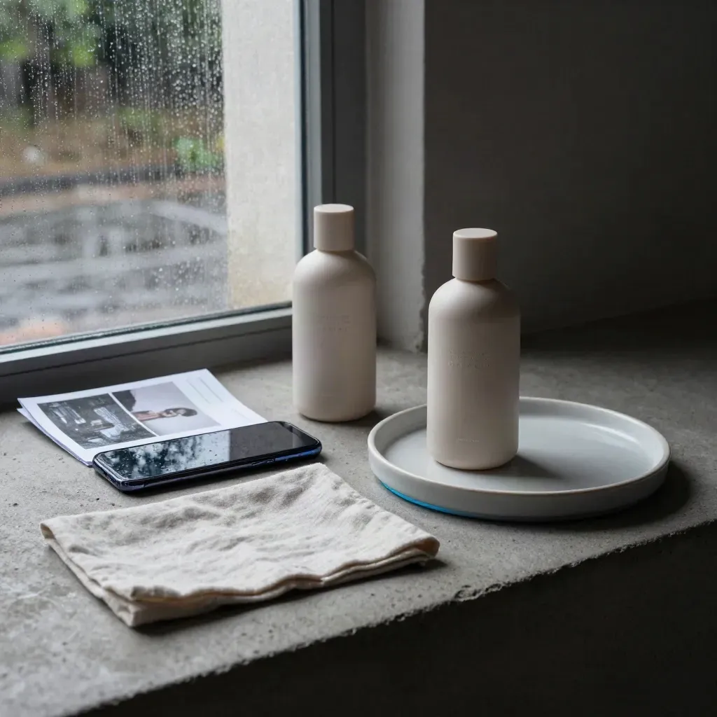 Launch-day product bottles and proofs on a rain-dark studio plinth with cool blue edge light.
