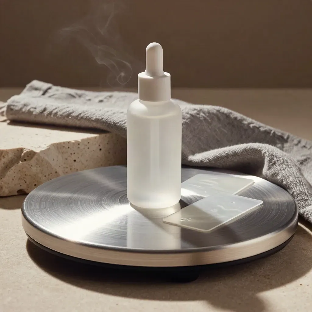 Frosted skincare bottle spinning on a turntable with gel cards and linen cloth in cinematic light.