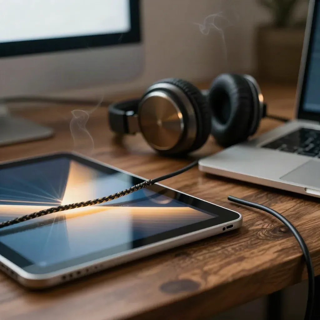 Extreme macro of a midnight edit bay with tablet glow, headphones, cable, laptop corner and coffee steam.