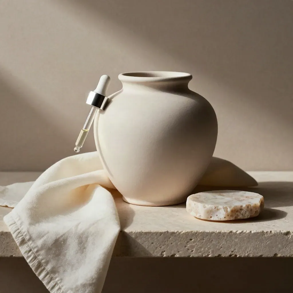 Matte ceramic jar, glass dropper, muslin and stone dish on limestone plinth in soft daylight