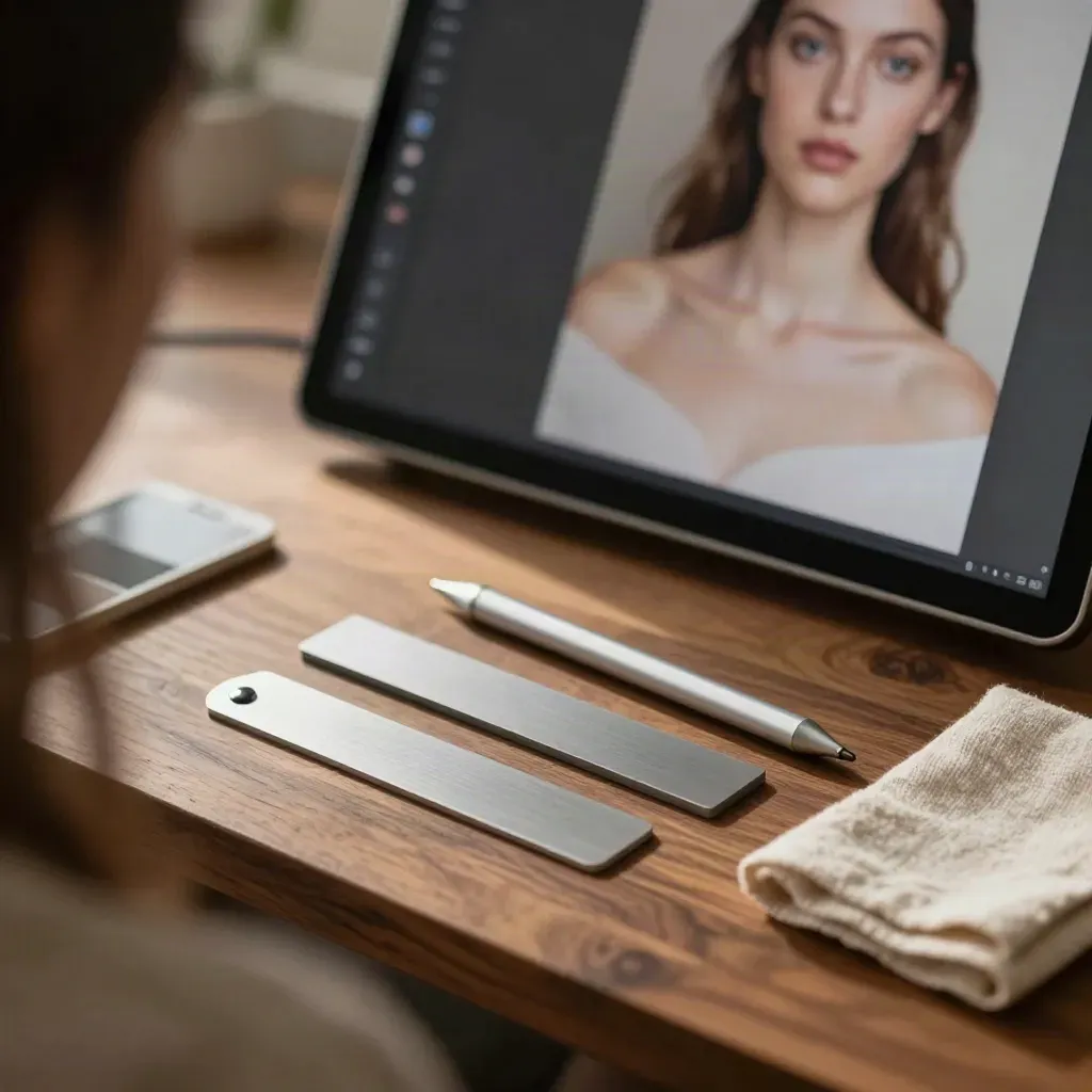 Retouching desk with blurred portrait on screen, silver stylus, and calibration tile in warm light