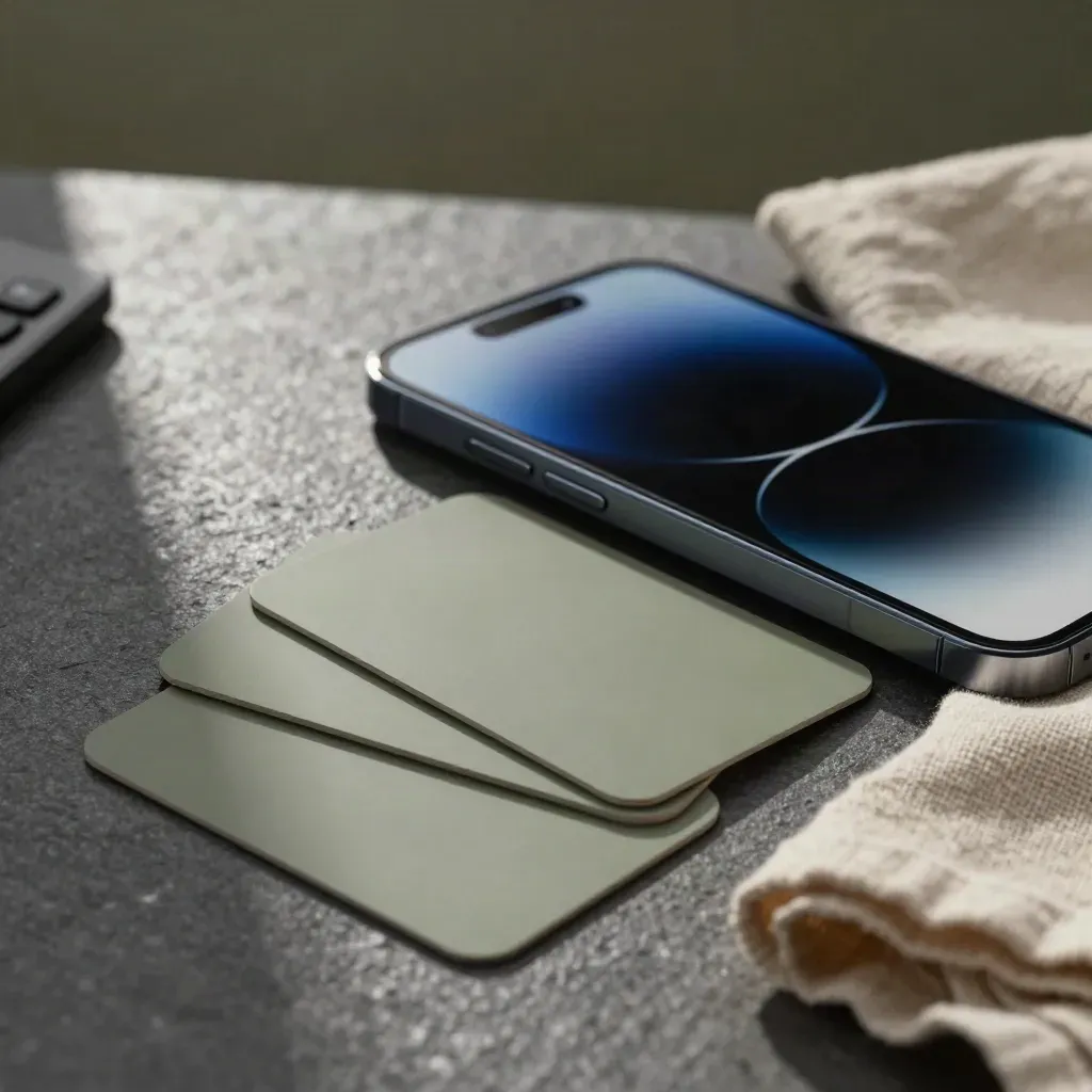 Smartphone, three frame cards, and folded linen sequenced across a dark tabletop with blue glow.