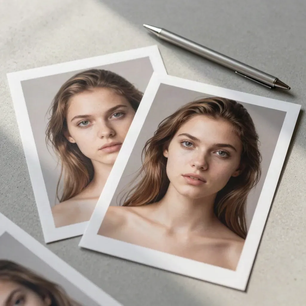 Overlapping vertical proof prints, silver stylus, and retouch workflow on concrete
