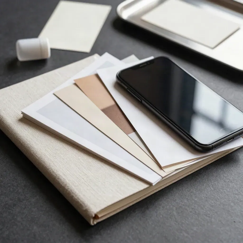 Overhead launch kit with notebook, phone, sample print and bottle on graphite and warm white surfaces.