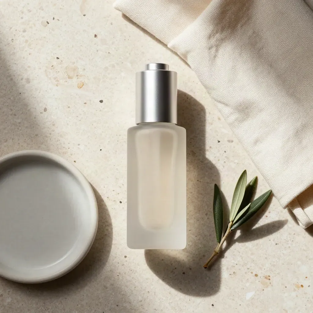 Top-down serum bottle flatlay with linen cloth, ceramic dish, and plant sprig on travertine
