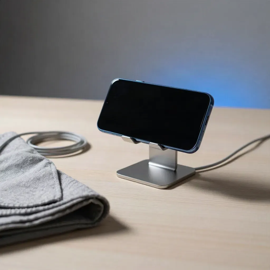 Smartphone on slim stand with coiled cable and folded gray cloth on pale wood.