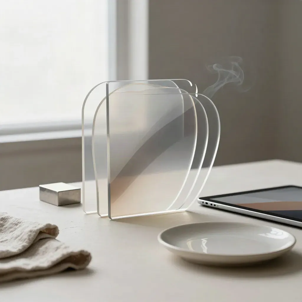 Translucent acrylic motion shapes beside a tablet and ceramic plate on a plaster sweep.