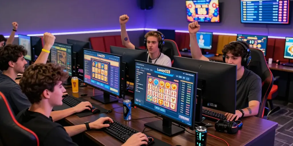 Players enjoying Luxury333's online gaming system with engaging graphics in a vibrant lounge.