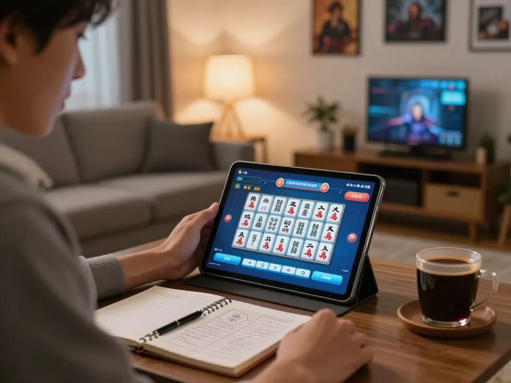 Player enjoying an exciting mahjong slot game on a tablet in a cozy living room.