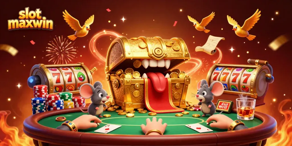 Experience the thrill of slot maxwin with vibrant symbols, treasure chests, and dynamic casino elements.