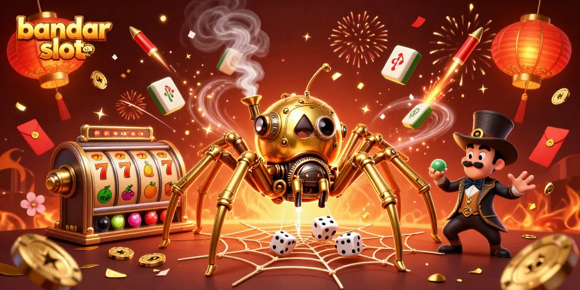 Experience the excitement of bandar slot online with our vibrant 3D illustration featuring steampunk elements and thrilling game symbols.