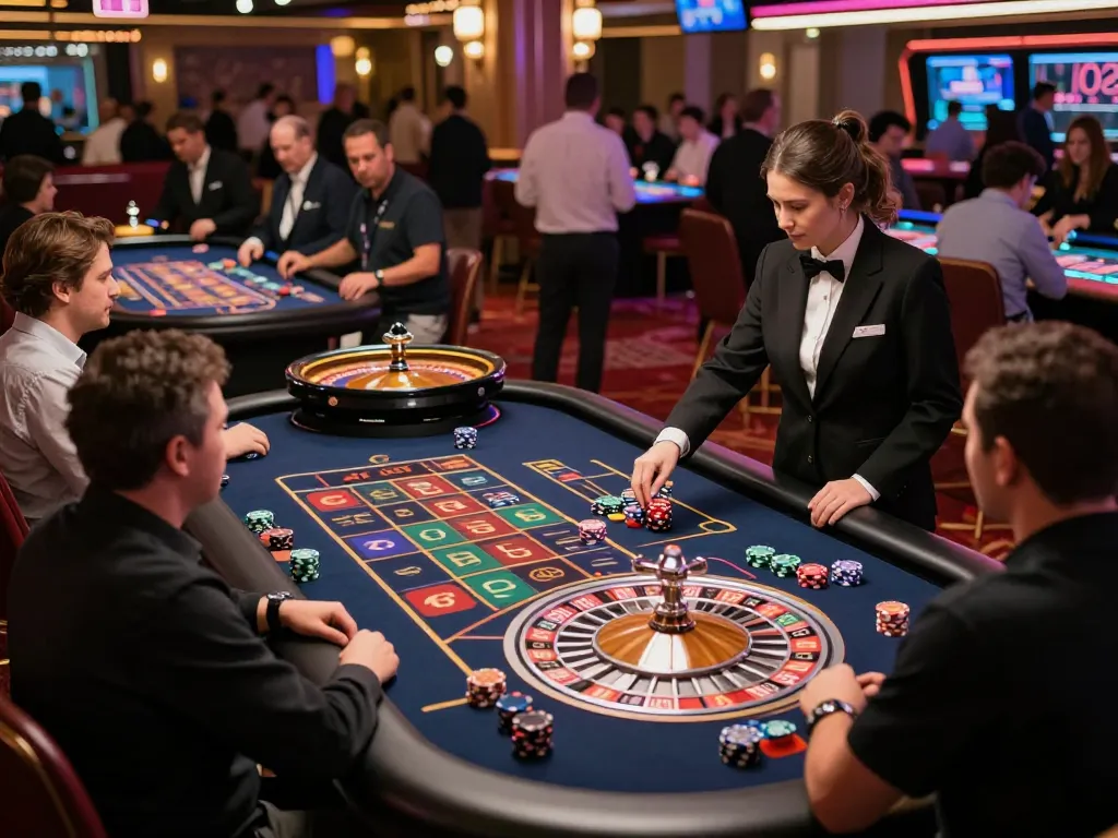 Experience slot gacor 777 excitement at vibrant casino roulette table with players engaged.