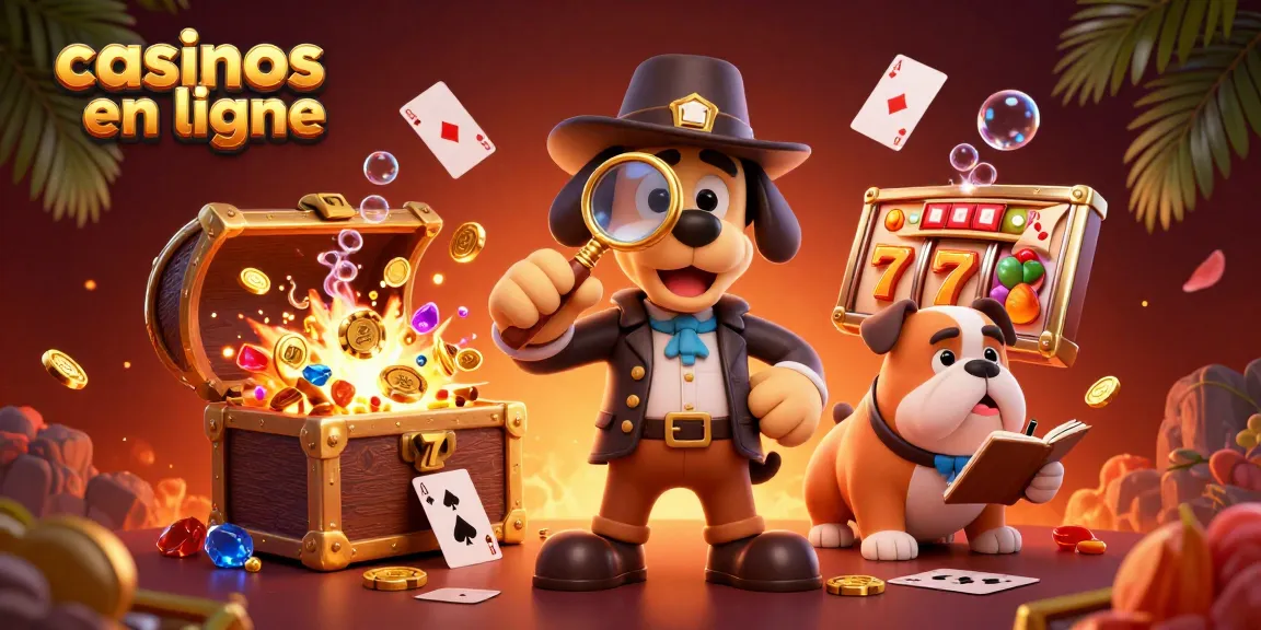 Jouez aux casinos en ligne avec un détective cartoon et son compagnon explorant des indices de poker.