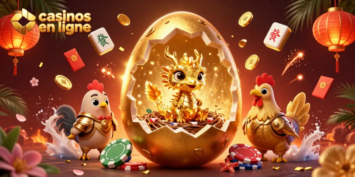 Les casinos en ligne prennent vie avec un dragon doré sur un lit de jetons et des décorations asiatiques.