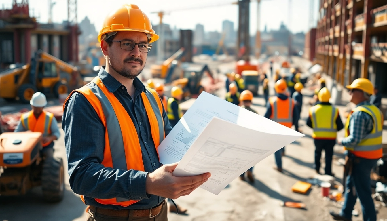 New York Construction Manager reviewing blueprints at a busy construction site, showcasing active teamwork.