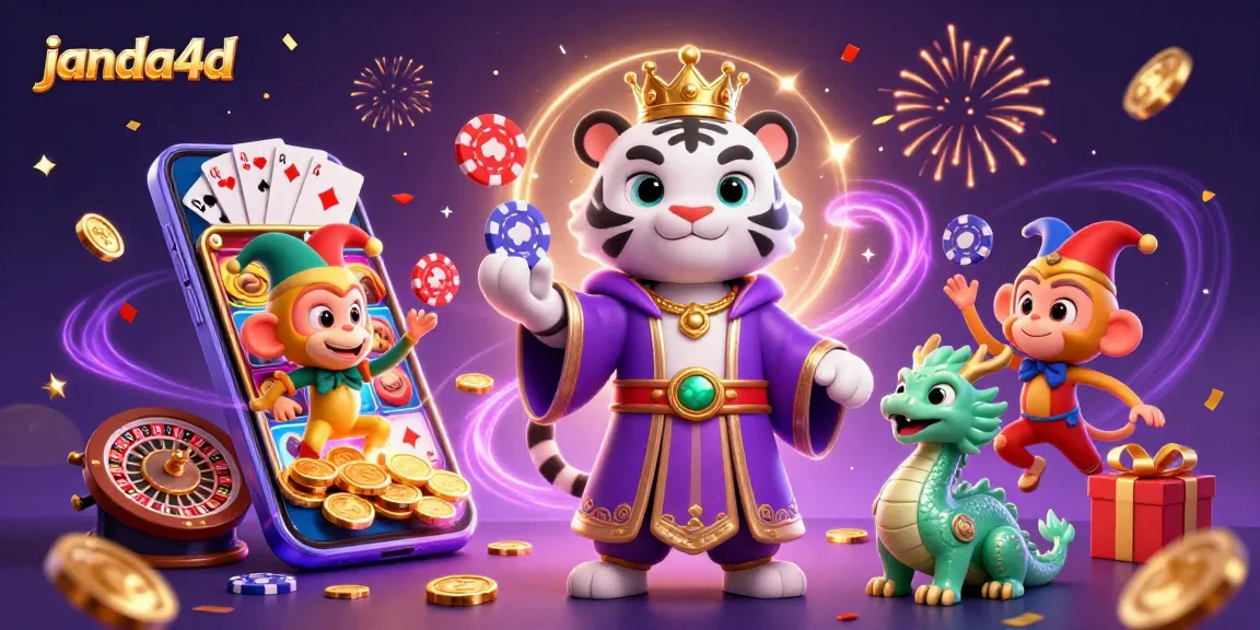 janda4d menghadirkan ilustrasi kasino meriah dengan karakter penuh energi dan permainan slot menarik.