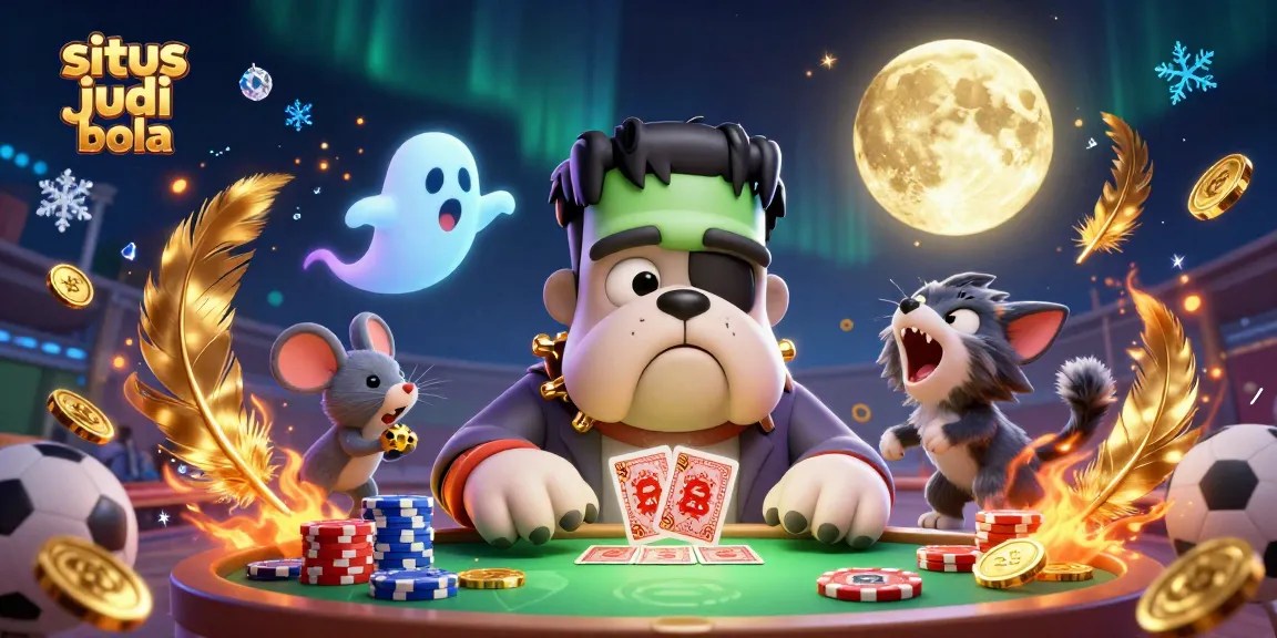 Engage with situs judi bola in an action-packed fantasy gaming scene featuring a bulldog dealer and thrilling sports elements.