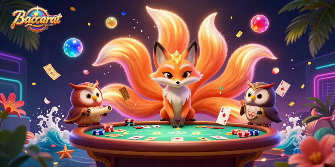 Baccarat table scene with a colorful nine-tailed fox spirit, owl sage, and vibrant casino elements creating an engaging gambling atmosphere.