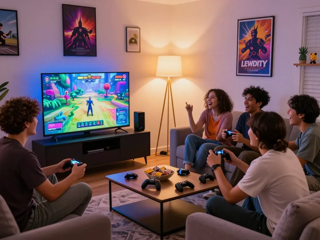 Engaged friends playing Degrees of Lewdity in a vibrant gaming room