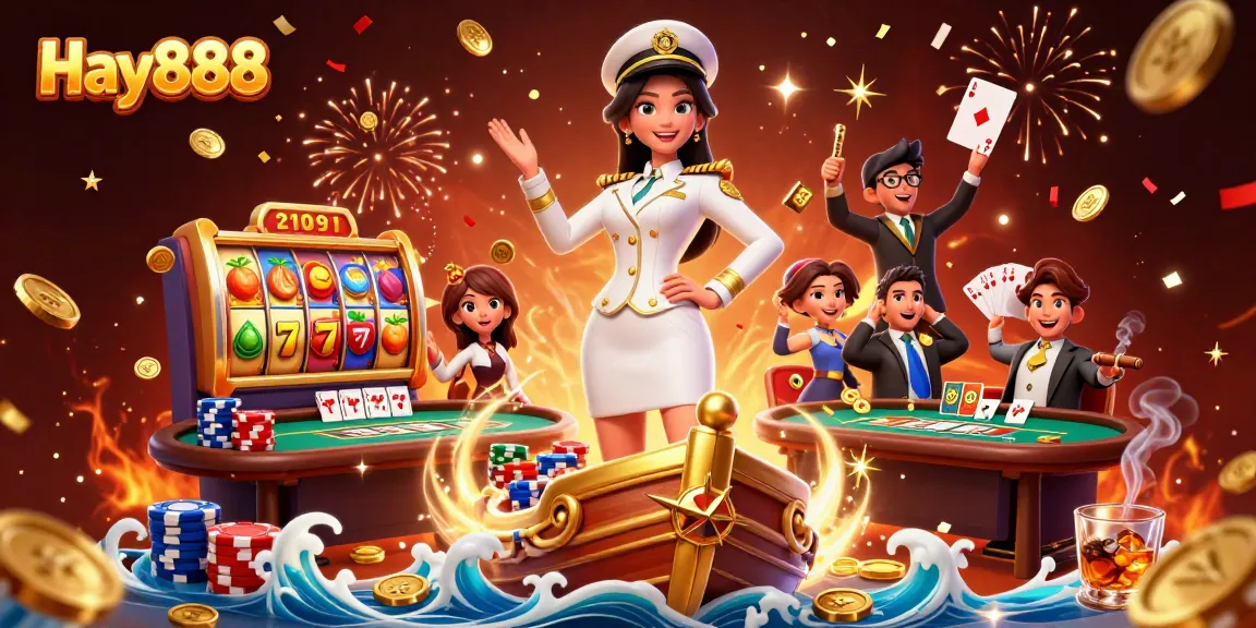 Engage with Hay888's thrilling slot experience featuring cascading coins, vibrant reels, and a charismatic dealer.