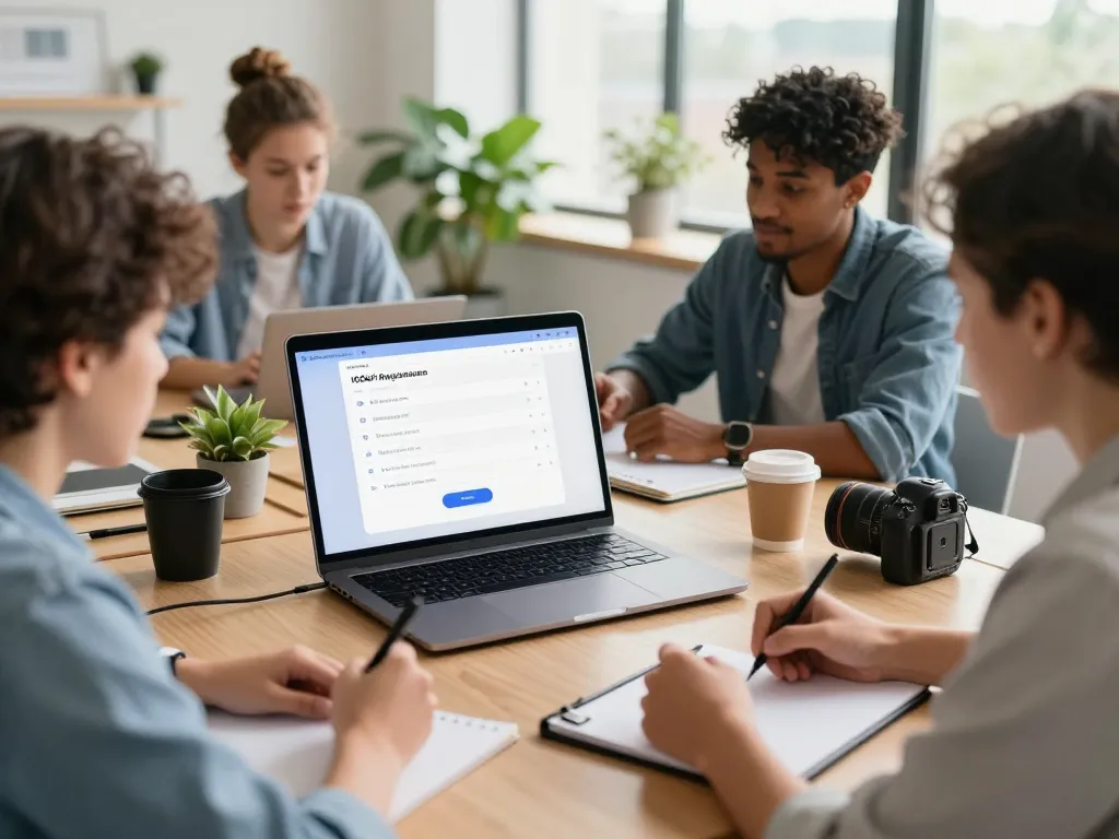 Engaging team collaboration on IODeFi registration process over a sleek laptop in a bright coworking space.