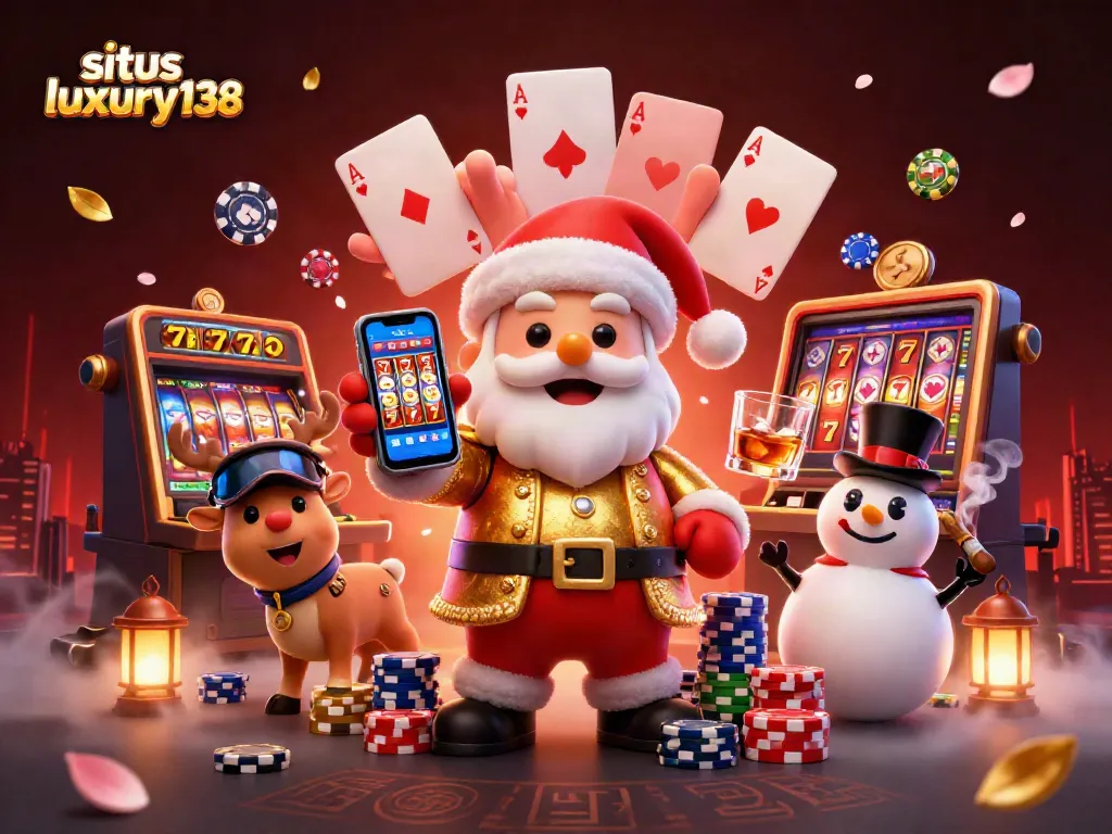 situs luxury138 menampilkan Santa Claus 3D kartun yang ramah di kasino dengan teman ceria dan elemen permainan slot berkilau.