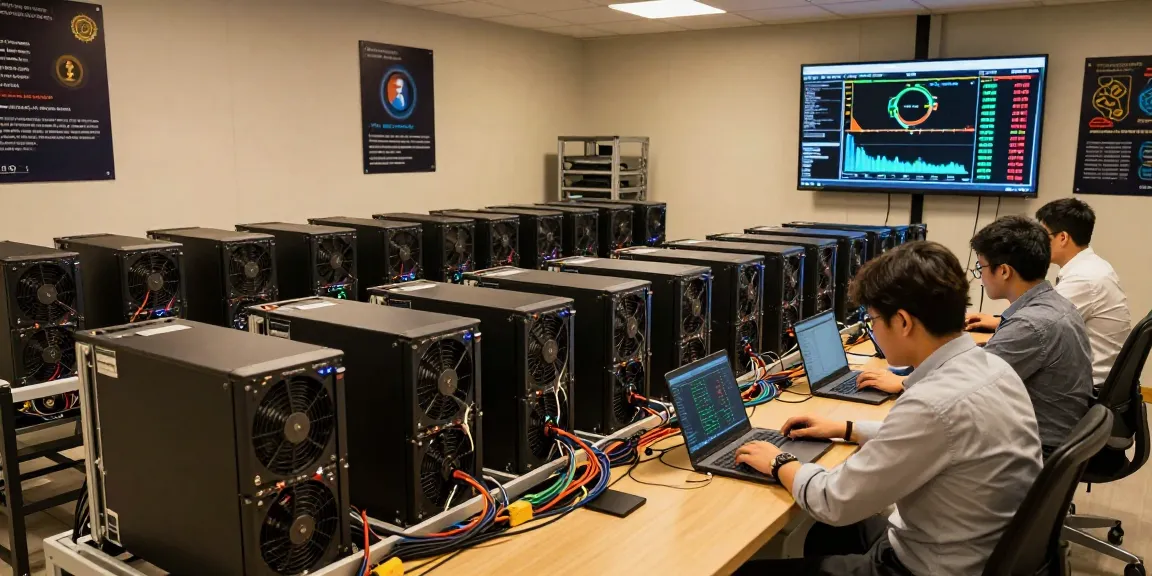 Crypto mining service setup with mining rigs and technicians monitoring blockchain performance in a secure environment.