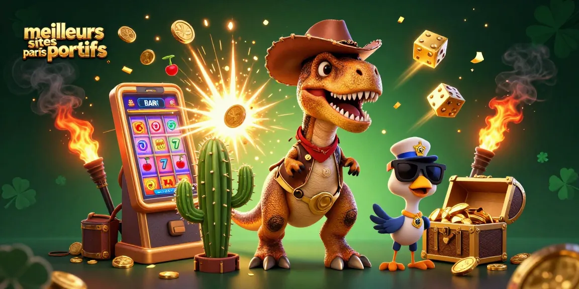 Visuel dynamique des meilleurs sites de paris sportifs avec un T-Rex cowboy, des jackpots et des éléments de jeu excitants.