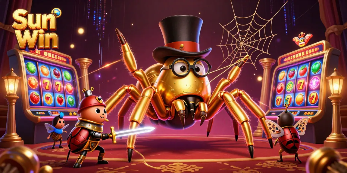 Engage with Sun Win's thrilling slots experience featuring a lively golden tarantula and beetle knight.