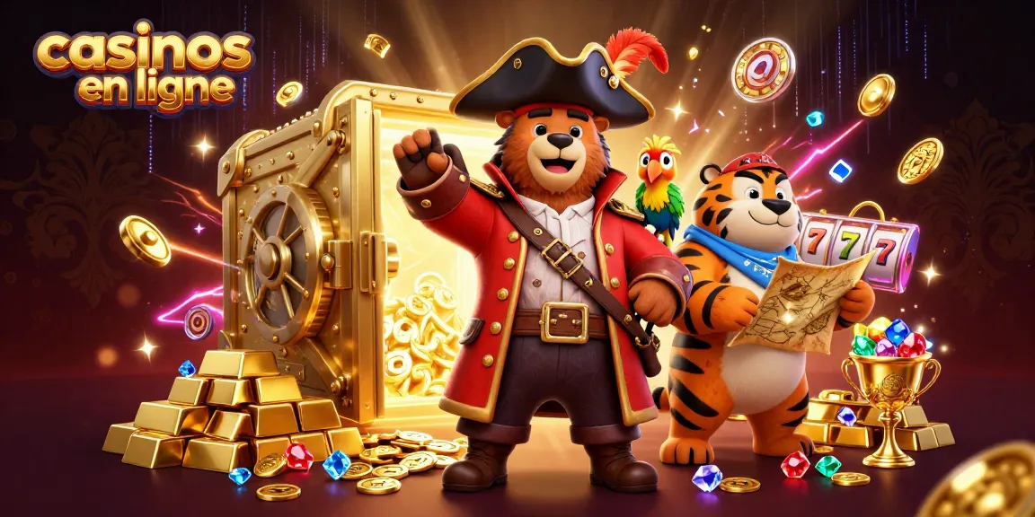 Jouer dans des casinos en ligne, animation de jeux avec un ours pirate, un tigre et un perroquet