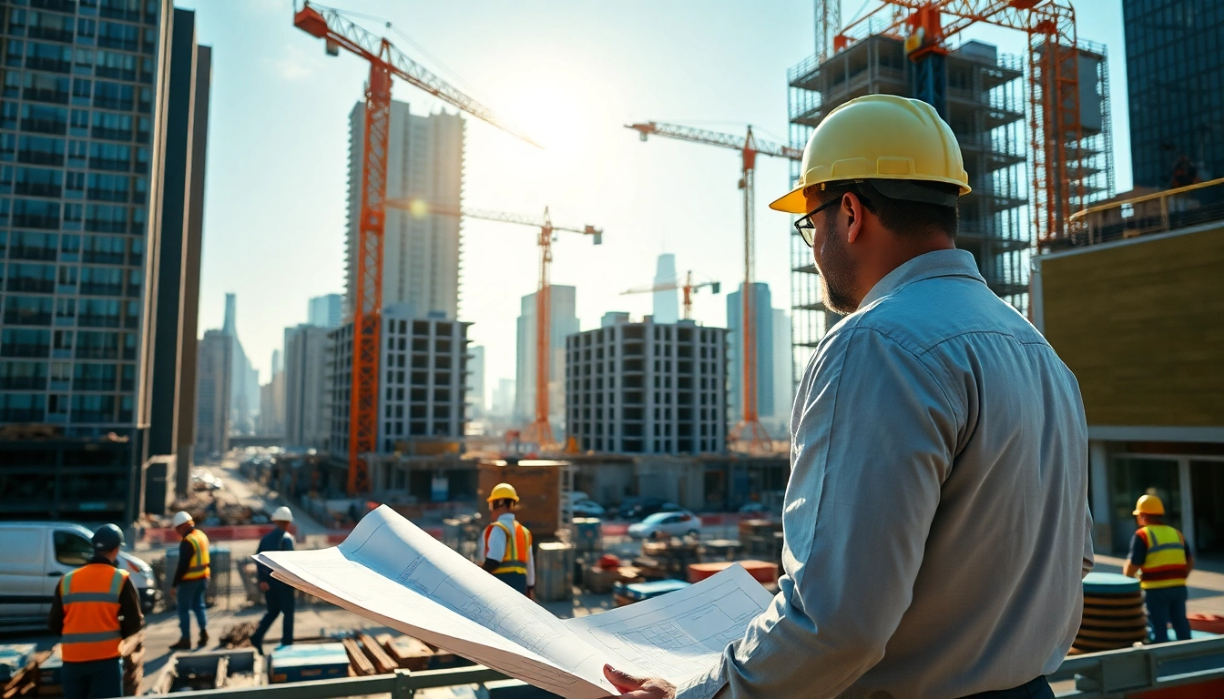 Capture vibrant scene of Manhattan General Contractor managing an active construction site.
