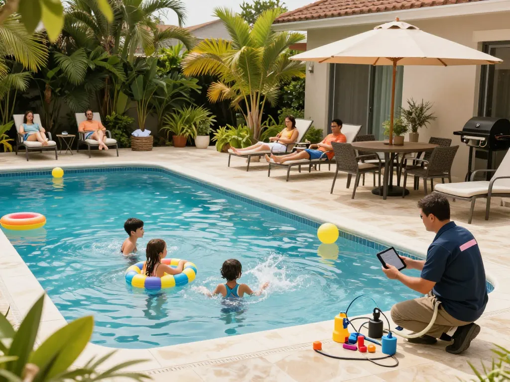 Dolphin Pool Services ensuring a pristine family pool environment during a sunny day.